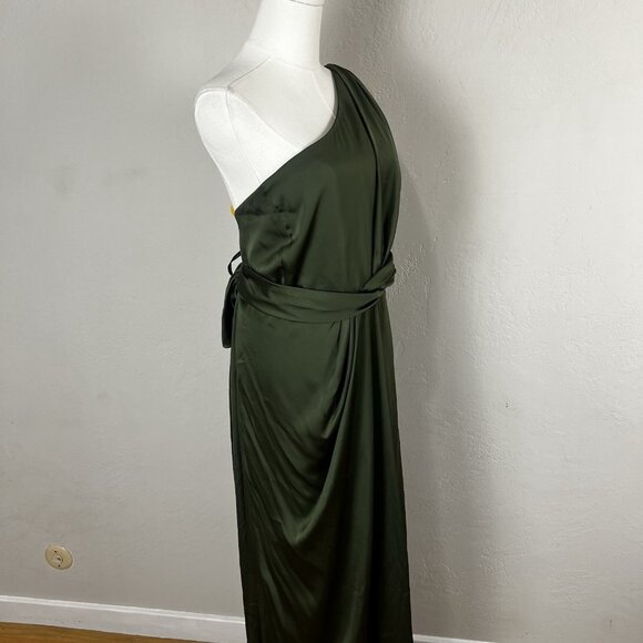 Dessy Collection Size 22 W Whisper Satin One Shoulder Drape Gown Olive Green NWT - Picture 4 of 10
